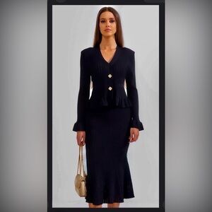 Black Vertigo Paris Ruffled Cardigan & Pencil Skirt Set – Chic Knit & Feminine 🎁